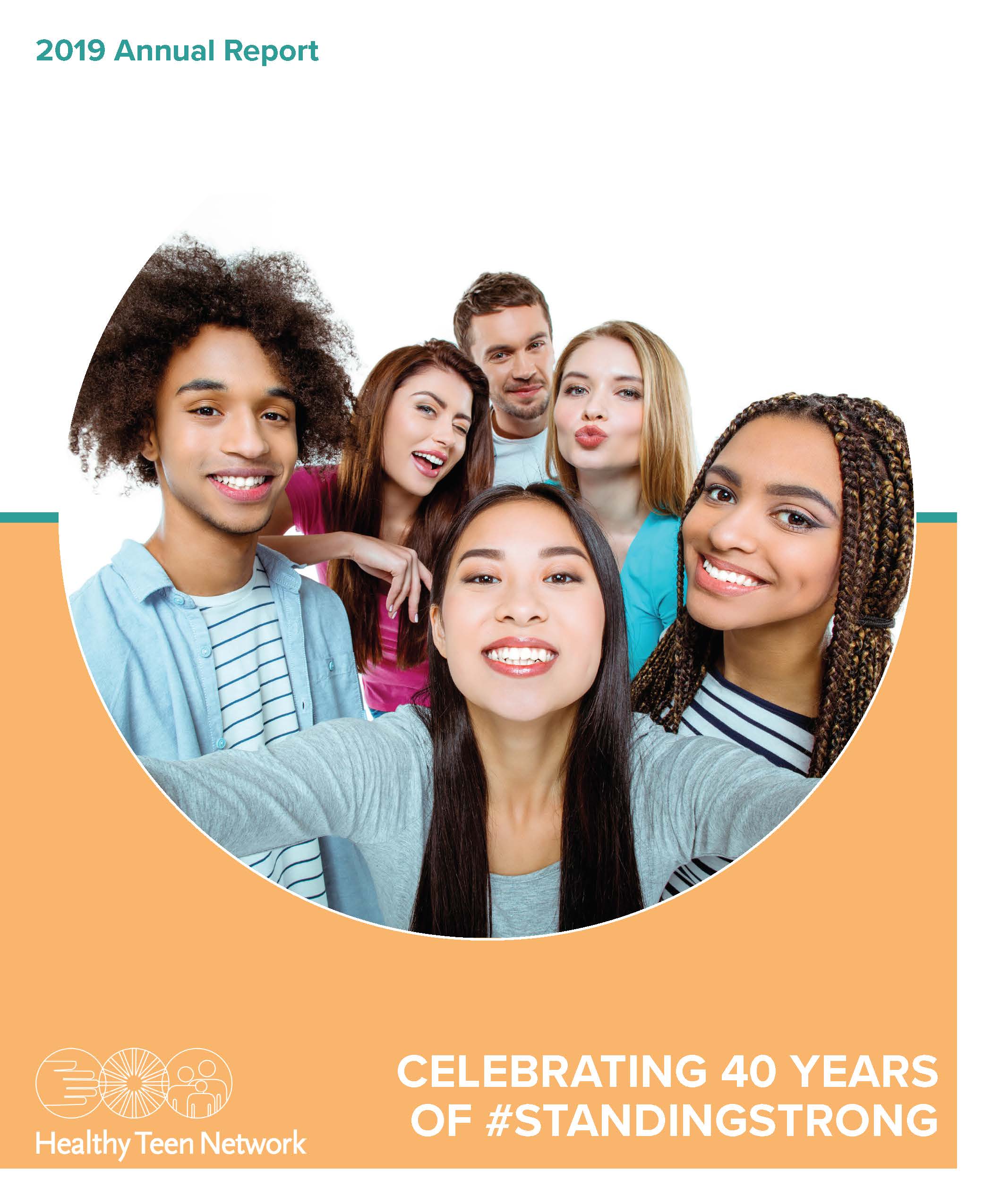 Cover image of 2019 annual report. Includes title and image of 6 adolescents, smiling for a group selfie.