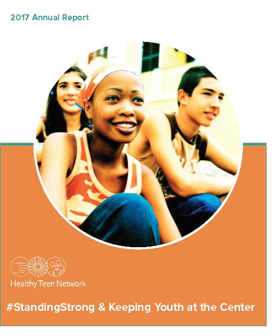 Cover image for 2017 annual report. Features 3 adolescents sitting, smiling.
