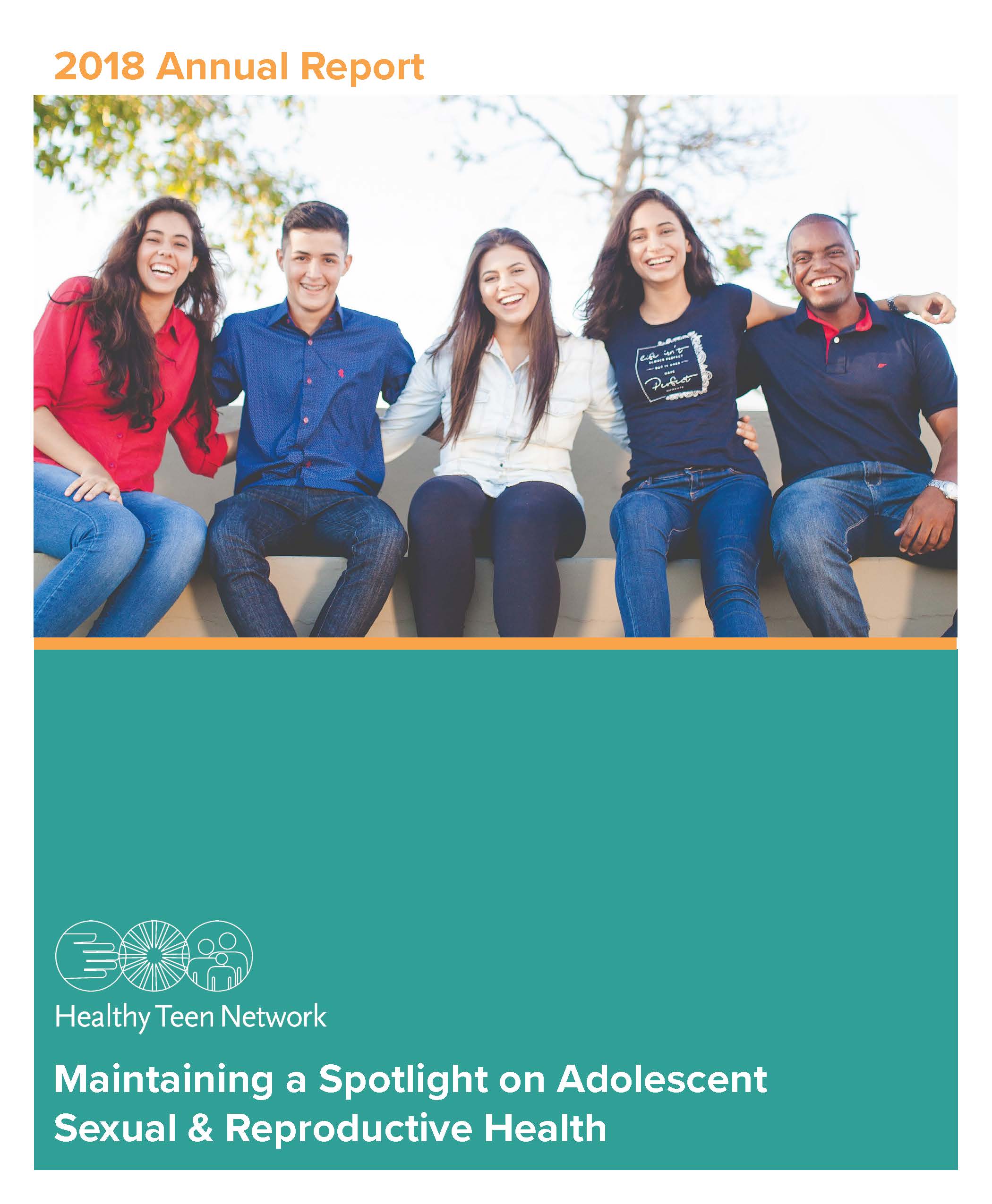Image of cover of 2018 annual report. Includes title, with 5 young people sitting together, in a row, outside, smiling, with arms around each other's shoulders.