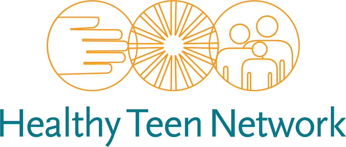 Logo for Healthy Teen Network, featuring 3 interlocked orange circle outlines, and inside, outline drawings of a hand, a sunburst, and three people; below the circle, in teal, is the name, "Healthy Teen Network"