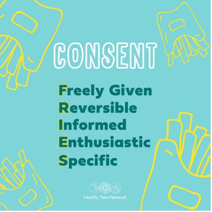 Aqua background with outline drawings of fries in a to-go container with the words: Consent: Freely Given, Reversible, Informed, Enthusiastic, Specific.