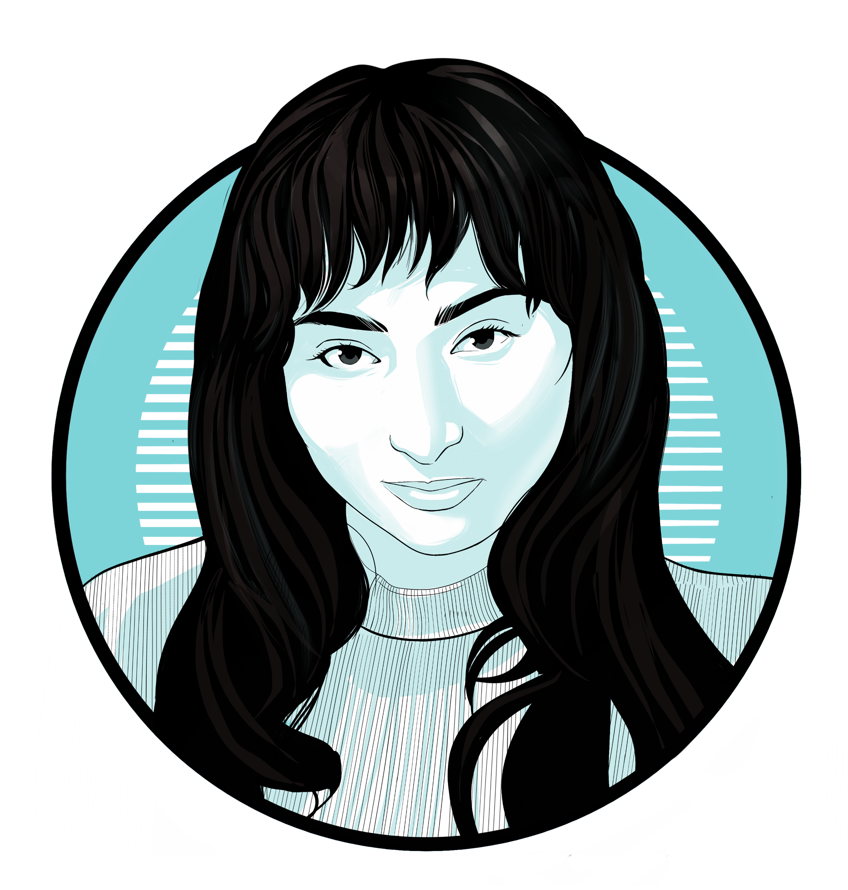 black, white, and aqua illustration of Jennifer Patiño-Perez