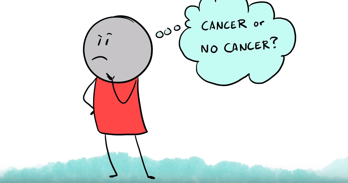 A cartoon character contemplating "cancer or no cancer".