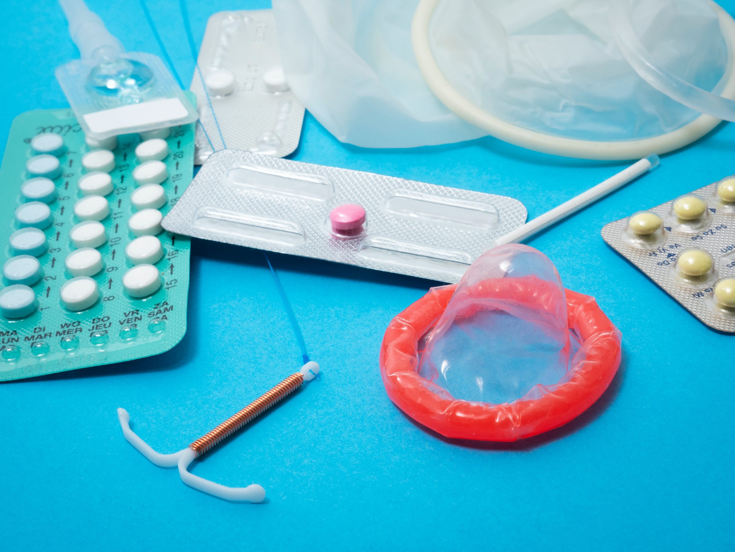 Selection of reproductive health supplies: pills, diaphragm, condoms, vaginal ring, IUD, implant, dmpa, emergency contraception, contraceptive pills